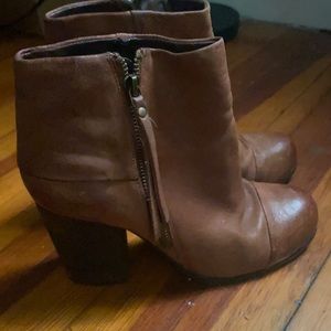 Light Brown Vince Camuto Leather Booties Stacked Wooden Block Heel